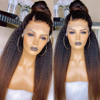 Ombre Brown Kinky Straight 180 Density Yaki Lace Front Wig Synthetic Wigs With Baby Hair Heat Temperature