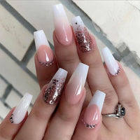 24Pcs Middle Length Ballerina Glitter Pink Color False Nails Design With Heart Pattern Artificial Fake Nails