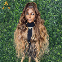 Ombre Honey Blonde Synthetic Loose Wave Wig 30Inch Pre Plucked Brown Color 13X4 Lace Front Transparent Wigs