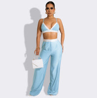 Bra Top and Wide Leg Straight Pants Suit Sexy Two 2 Piece Set Outfit