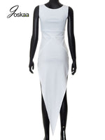 V-neck Sleeveless Irregular Shape White Dress Sexy High Slit Bodycon Maxi Dress