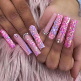 24Pc Long Ballet False Nails Gradient Butterfly Design Rhinestone Glitter Decoration False Nail Wearable Press On Nails Nail Tip