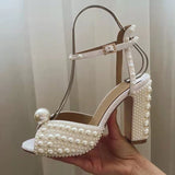 Pearl Platform Sandals Women Open Toe Rhinestone Diamond Square High Heels shoes