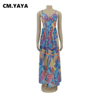 Long Dress Print Sleeveless Strap V-neck Empire Splited Maxi A-line Dress