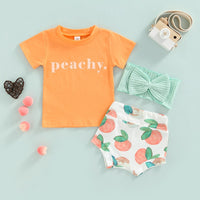 3pcs  Letter Short Sleeve Top+ Peach Printed outfit bby