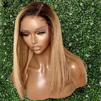 1b/27 Honey Blonde Highlight Ombre Wig Human Hair Peruvian Straight Short Wigs 4x4 Silk Top Frontal Human Hair Wigs - Divine Diva Beauty