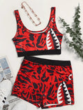 Plus Size avail Two Piece Sporty All Over Print Red Camo Shorts Set