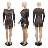 Novelty Chic Design Dress Solid Beading O-neck Long Sleeve Sexy Night Party Club Mini Dress