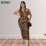 Leopard Print Long Dress Summer Sexy Hollow Out Sleeveless Plus Size avail