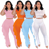 Solid Tracksuit O Neck Short Sleeve Crop Top + Ruffles Pants Slim Two Piece Set