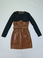 PU Faux Leather Long Flare Sleeve Dress with Belt Elegant Dress