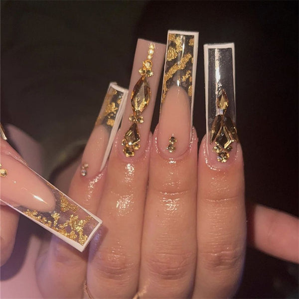 Long Coffin Wearable Ballerina Fake Nails Luxury Gold Tower Diamond Nude Gold Glitter Full Cover Nail Tips  Press On Nails