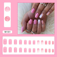False Nail Full Cover Fake Nail Pink Glitter Wearable French Short Nails Square Head False Nail Press On Nails Manicure
