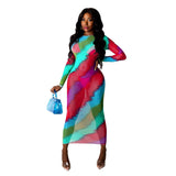 Long Dress Print Mesh See-through Full Sleeve O-neck Bodycon Maxi Dress