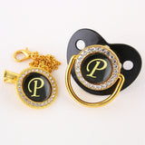 Black Bling Baby Pacifier And Clip Alphabet Letter M Infant Pacifier Gold Letter Unique Name Initials Baby Shower Gift bby