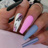 24pcs Long Coffin False Nails Wearable French Ballerina Matte Stripe Flower Design Fake Nails Full Cover Nail Tips Press On Nail