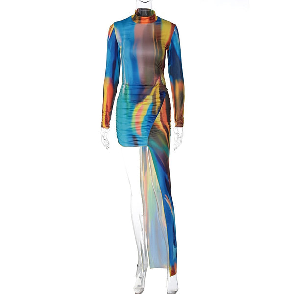 Galaxy Turtleneck Long Sleeve High Low Asymmetrical Floor Length Bodycon Midi Maxi Long Dress