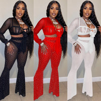 Two Piece Set Women Long Sleeve Mesh Sheer Crop Top and Rhinestone Flare Pants Matching Sets