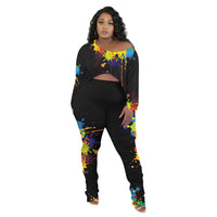 Plus Size avail Two Piece Sets Women Winter Fashion Spla sh Ink Drawstring Long Sleeve Crop Top Pant Suits