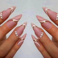 Stiletto False Nails Full Cover Nail Tips Almond Fake Nails With Heart Gold Line Pearl Design Press On Nails Full Cover Nail Tip