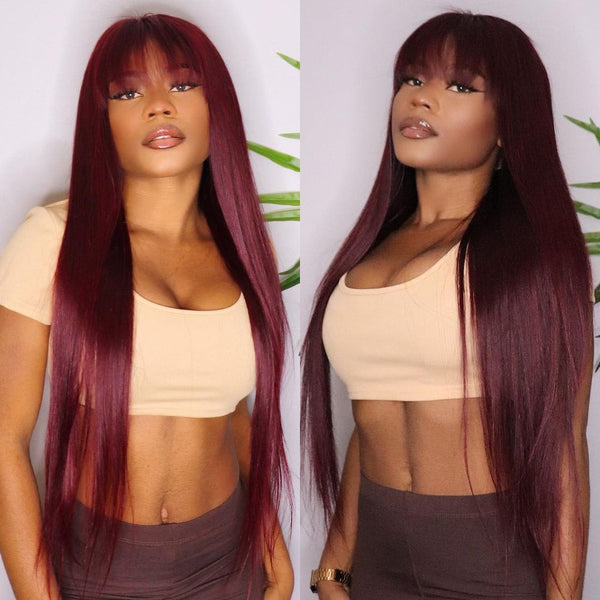 99J Burgundy Red Human Hair Wig With Bangs Straight Remy Bang Wig Human Hair Full Machine Made Colored Human Hair Wigs