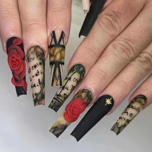 3D press on faux ongles geometric black red rose letters design long french coffin tips DIY manicure false nail