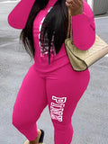 Plus Size avail Two Piece Pink Letter Print Long Sleeve O Neck Top and Sheath Stretchy Casual Pants Matching Sets