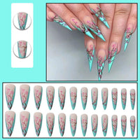 24pcs/Box French Stiletto False Nails with Lattice Design Detachable Almond Fake Nail Press On Nails Full Cover Manicure Patches