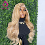 Honey Blonde Highlight Colored Body Wave 30 Inch 13x4 Synthetic Transparent Lace Front Preplucked