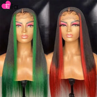 Ombre Green Red Blue Colored highlight 13x6 Lace Frontal Human Hair Wig Brazilian Straight Lace Wig Transparent 4x4 Closure Wig