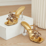 Fashion Gold Glitter Rhinestones Women Slippers Summer Crystal Bowknot High Heels PVC Transparent Sandals