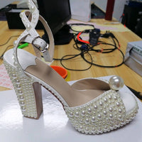 Pearl Platform Sandals Women Open Toe Rhinestone Diamond Square High Heels shoes