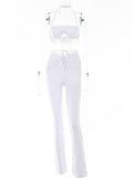 Sexy Two Piece Set Black White Crop Top and Runched Flare Pants Suits
