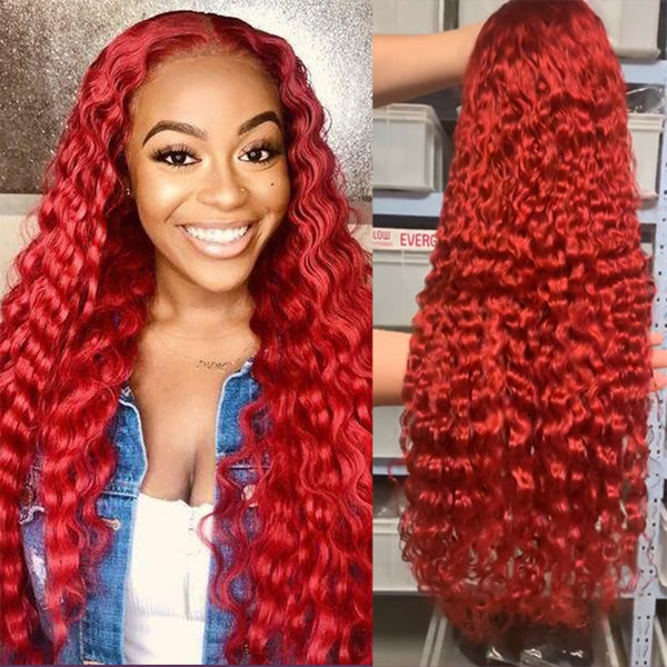 Hot Red Lace Frontal Wig Curly Human Hair Wigs 99J Deep Wave 13x4 Transparent Lace Wig T PART Lace Front Human Hair Pre plucked - Divine Diva Beauty