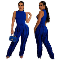 Causal Women Tassel Two Piece Pants Suit Pleated Crop Tank Top + Long Pencil Pants Solid Color