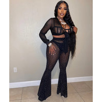 Two Piece Set Women Long Sleeve Mesh Sheer Crop Top and Rhinestone Flare Pants Matching Sets