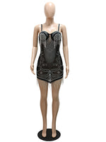 Sparkle Sheer Mesh Black Rhinestone Fringed Short Party Dress