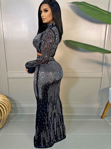 Sparkle Black Rhinestone Studded Mesh Crop Top And Maxi Skirt Two-Piece Set Glam See-Through Crystal