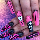 24Pcs Black Pink Ghost Long Ballet False Nails With Heart Blood Design Halloween Press On Nails Detachable Full Cover Nail Tips