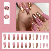 24Pcs Long Coffin False Nails Gold Glitter Sequins Designs Press On Full Cover Fake Nails Tips Wearable Manicure Art Accessories - Divine Diva Beauty