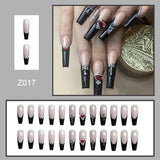 24pcs Press On Tips Nails Long Coffin False Nails Red Rhinestone Full Cover French Ballerina Fake Nails Nail Tips Manicure
