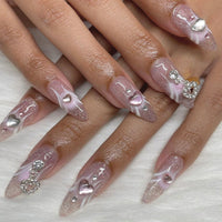 24pc Long Coffin Acrylic Fake Nails Wearable Ballerina Rhinestone Butterfly Glitter Full Cover Nail Tips Press On Nails