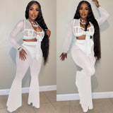 Two Piece Set Women Long Sleeve Mesh Sheer Crop Top and Rhinestone Flare Pants Matching Sets