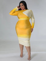 Plus Size Bodycon Stretchy Long Sleeve Patchwork Casual Fashion Maxi Dress