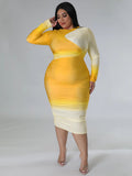 Plus Size Bodycon Stretchy Long Sleeve Patchwork Casual Fashion Maxi Dress