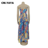 Long Dress Print Sleeveless Strap V-neck Empire Splited Maxi A-line Dress