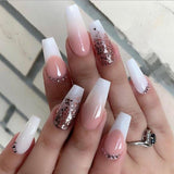 24Pcs Gradient French Fake Nails With Glue Glitter Rhinestone Design Acrylic Ballet Press On Nails Full Cover False Nail Tips