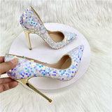 Bling Sequins Women White Pointy Toe High Heel Shoes  pumps 11+