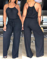 Casual solid color Linen Spaghetti Strap Belted Jumpsuit bodysuit