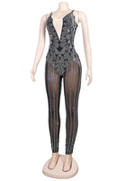 Sparkle Sheer Mesh Crystal Rompers Womens Glam See-Through Rhinestone Long bodysuit Jumpsuits